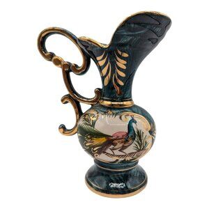 Vintage H. Bequet Quaregnon Belgium Peacock Ceramic Pitcher with Gold Trim